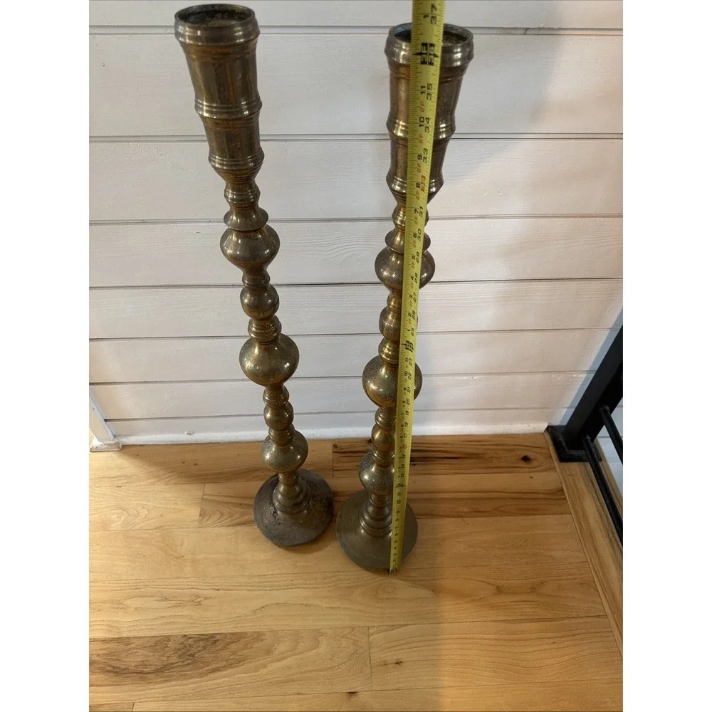 Pair Of Brass Floor Candle Holder Etched Church Pilar Candlestick Wedding ES0026
